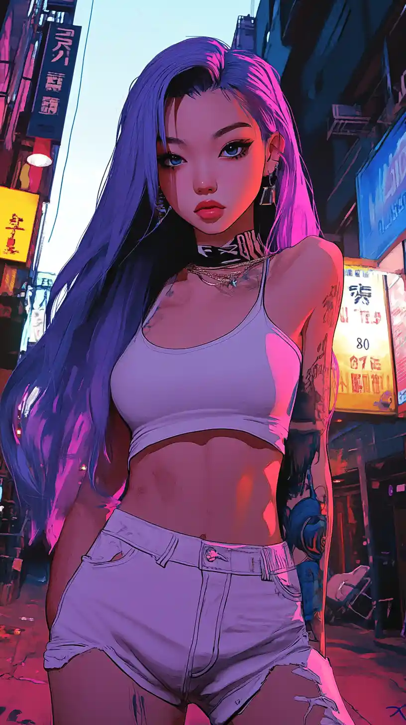 身穿白色服裝的動漫女子站在巴爾的摩街頭
