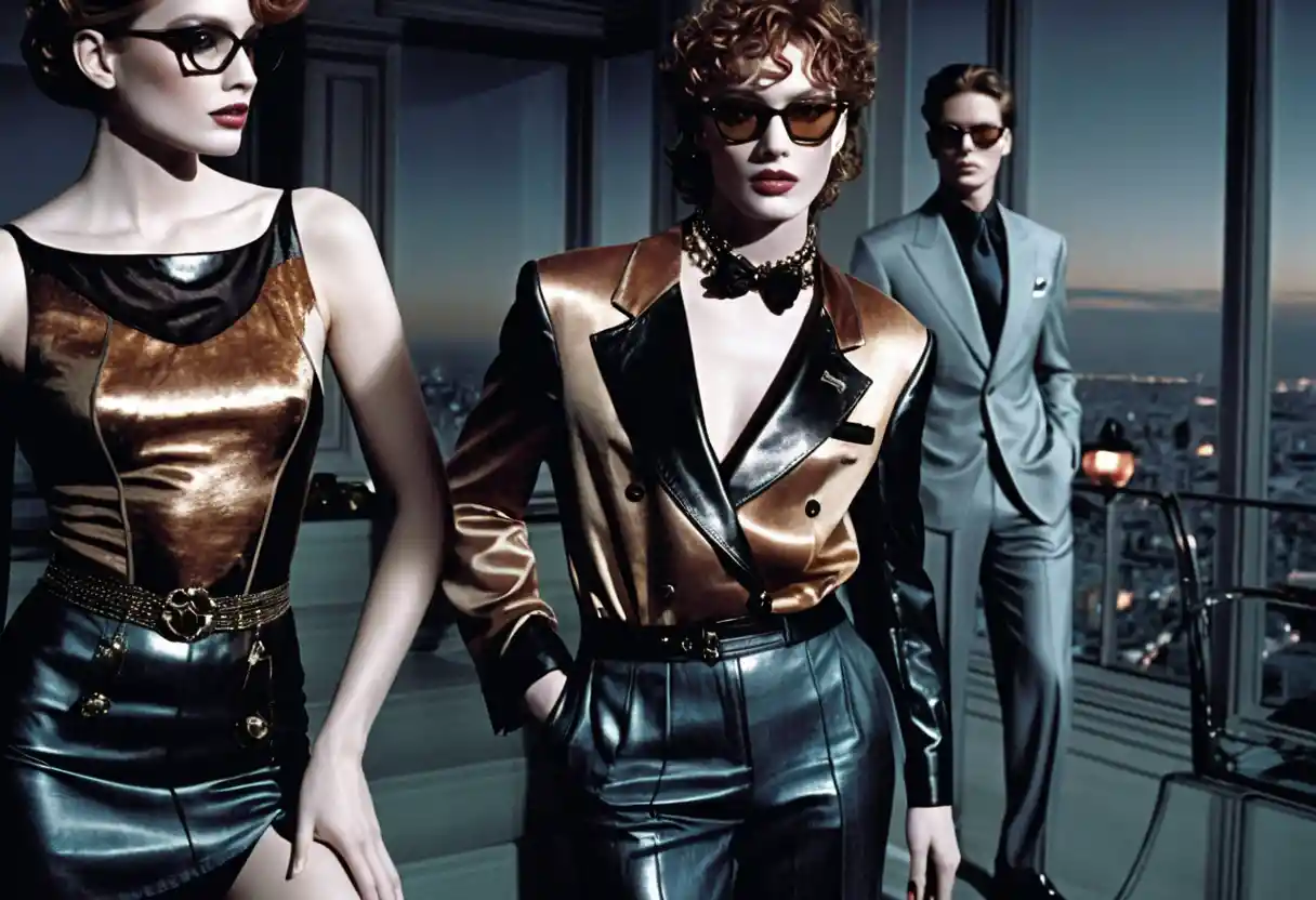 Elegant models in sleek evening wear by city window