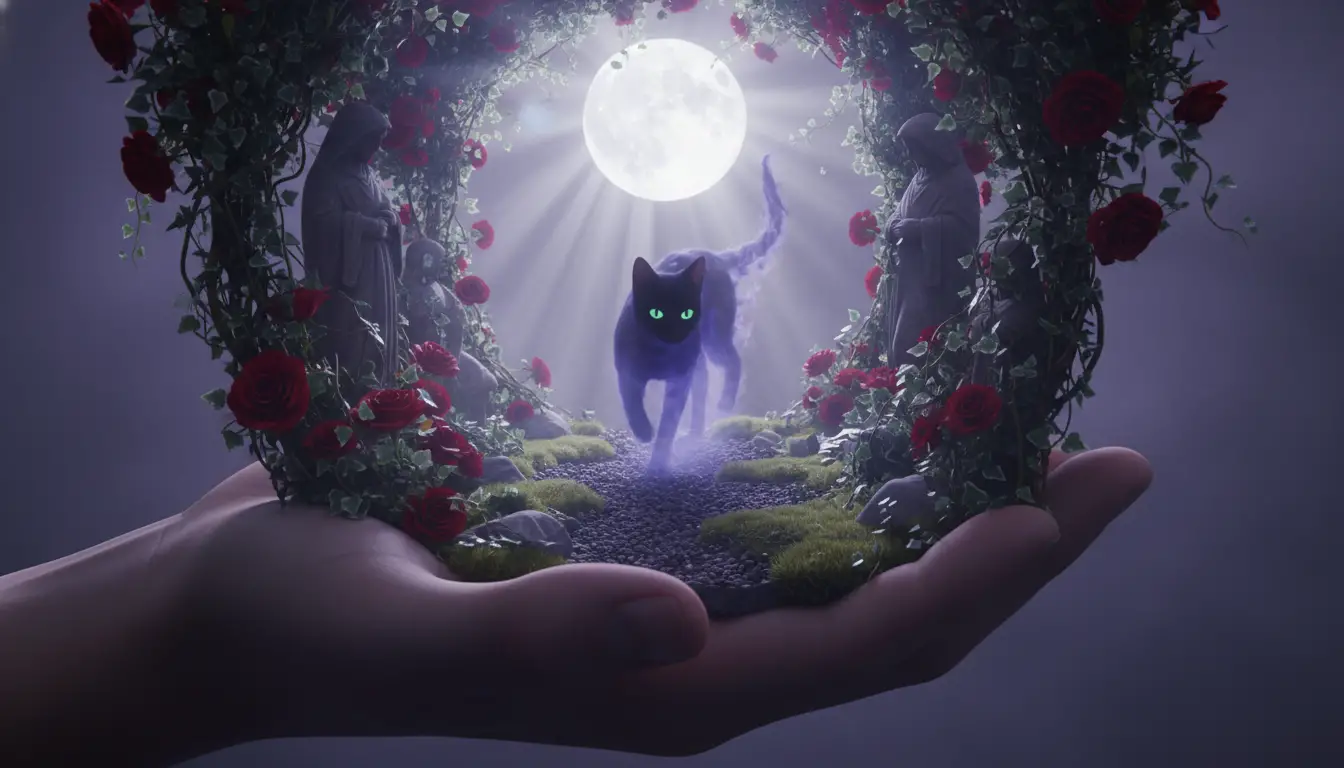 Miniature Moonlit Garden With Mysterious Black Cat Spirit