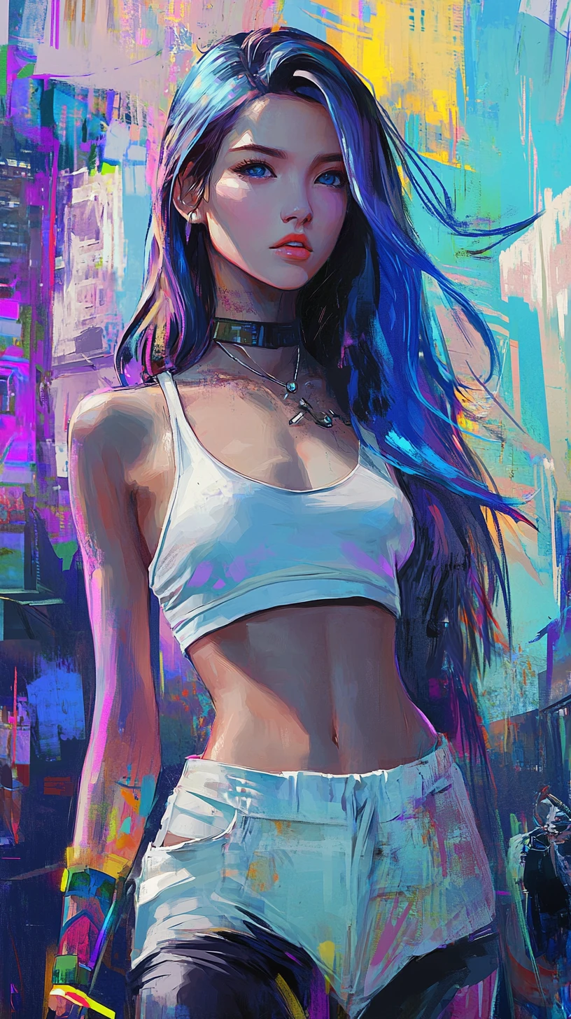 Anime woman in white outfit on Baltimore city street