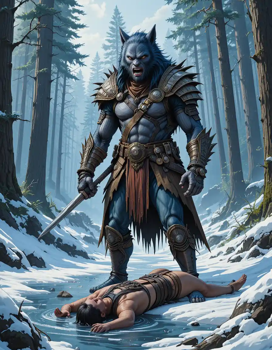 Armored werewolf warrior dominating foes in snowy forest