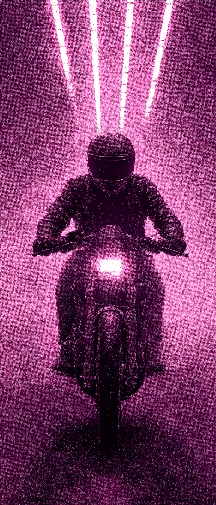 Jinete solitario acelera una motocicleta neón por un túnel oscuro