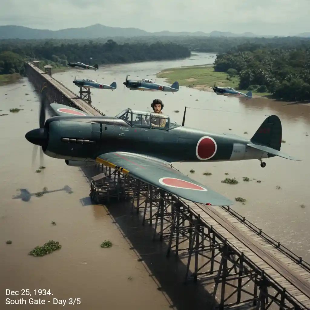 Japanese female pilot leads attack flight under wooden bridge