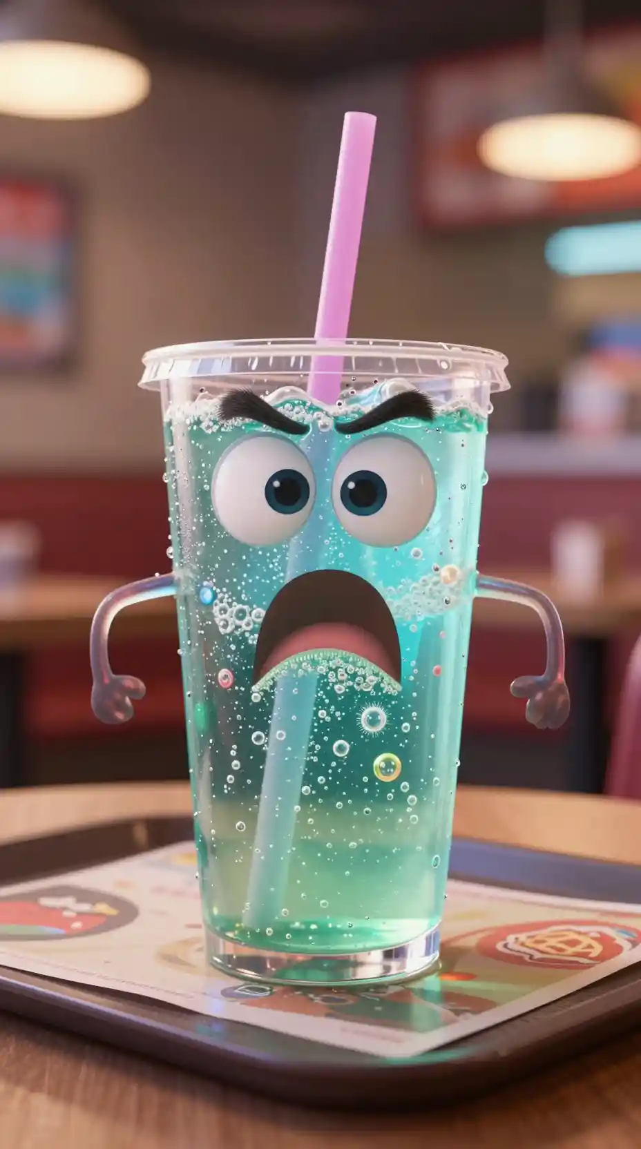 ファストフードトレイの上の緊張した炭酸飲料キャラクター