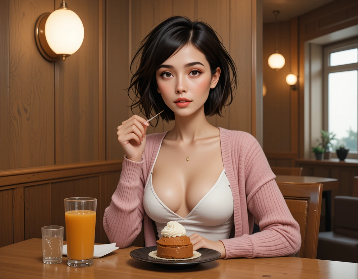 居心地の良いレストランでデザートを味わう若いアジア人女性