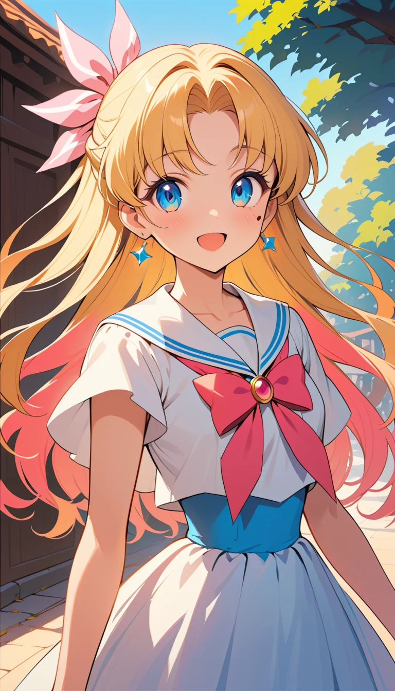 Joyful blonde anime woman at sunset in soft focus