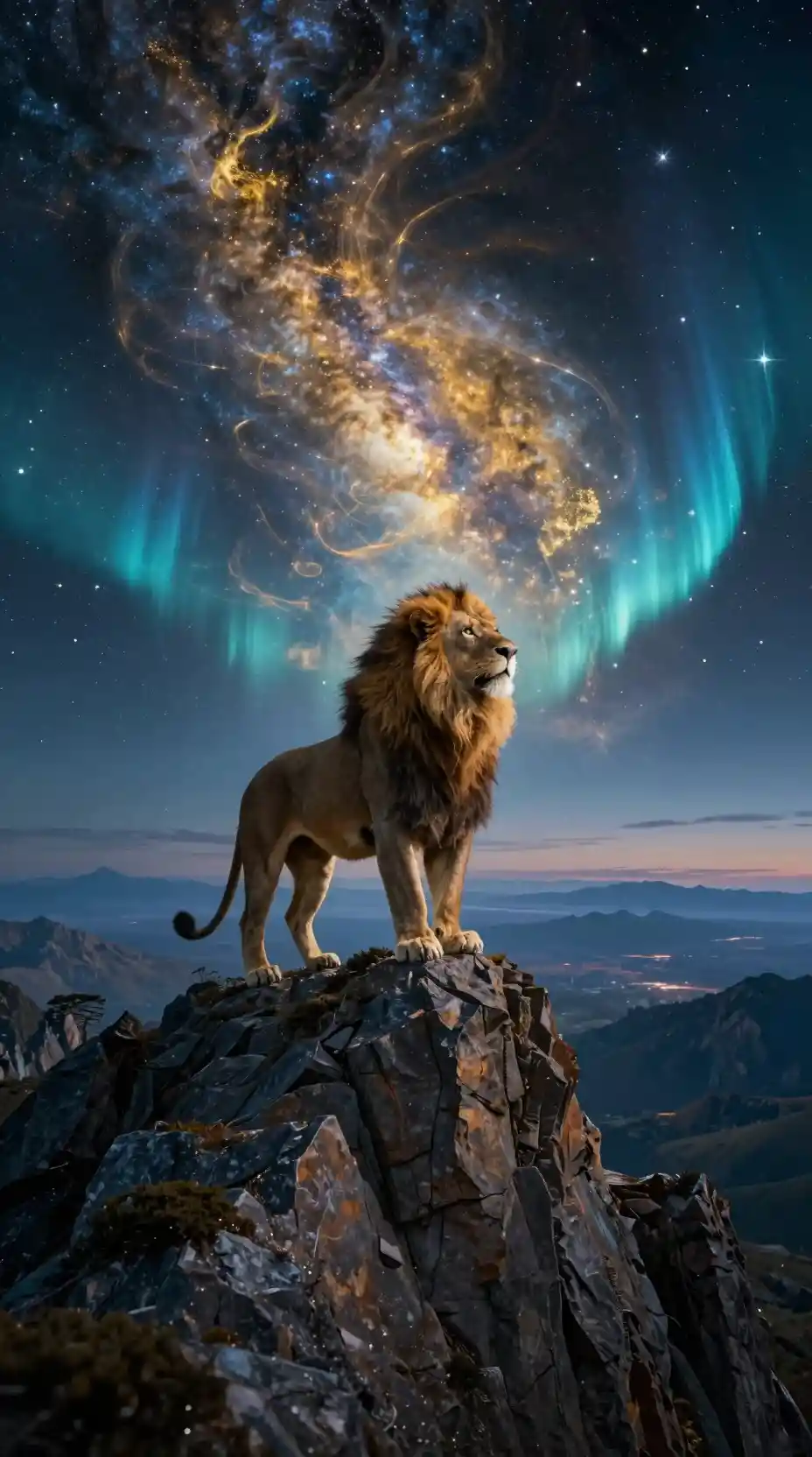 Majestic spirit lion above a glowing cosmic mountain