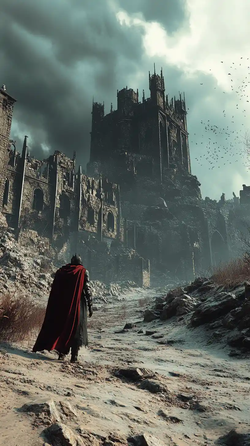 Ruined castle rising over a barren rocky wilderness