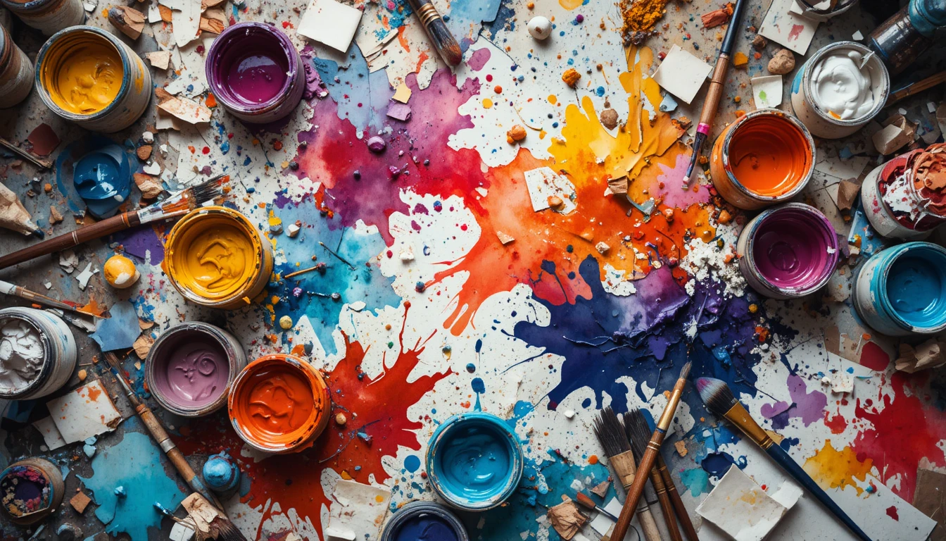 Overhead View Of Messy Painter Studio Floor With Watercolors