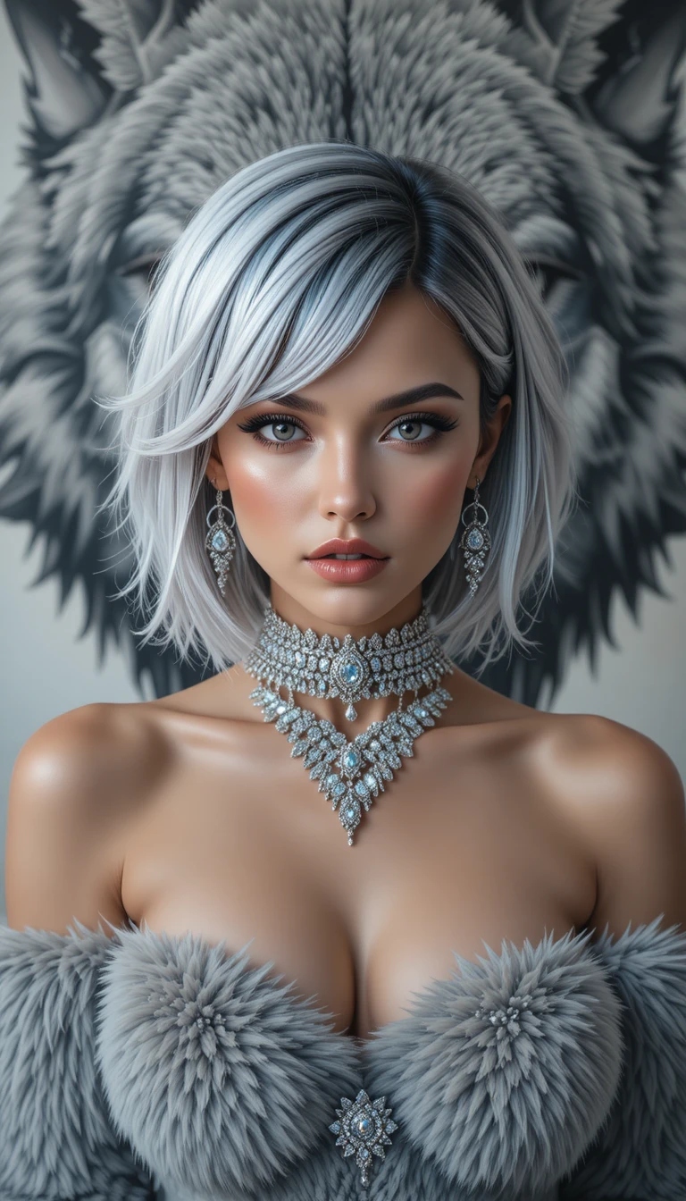 Retrato de beleza intensa com cabelo inspirado em lobo e diamantes