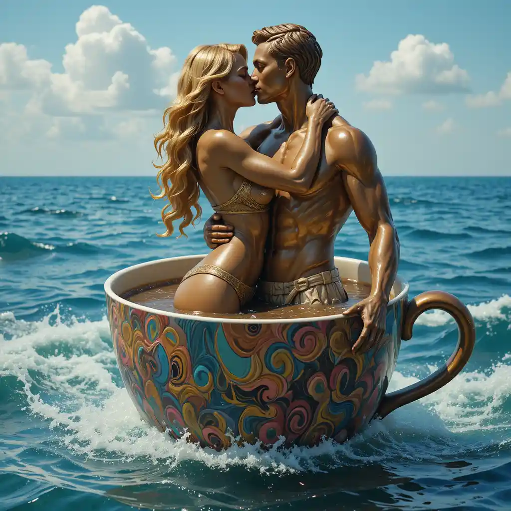 Bronze statue girl kissing man in surreal coffee ocean