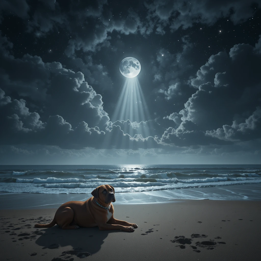 穏やかな夜の海に差し込む月光を見つめる犬