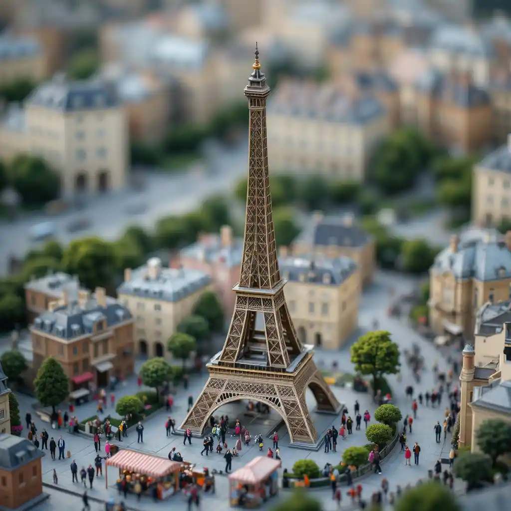 Scène miniature de la ville de Paris avec la tour Eiffel et des touristes