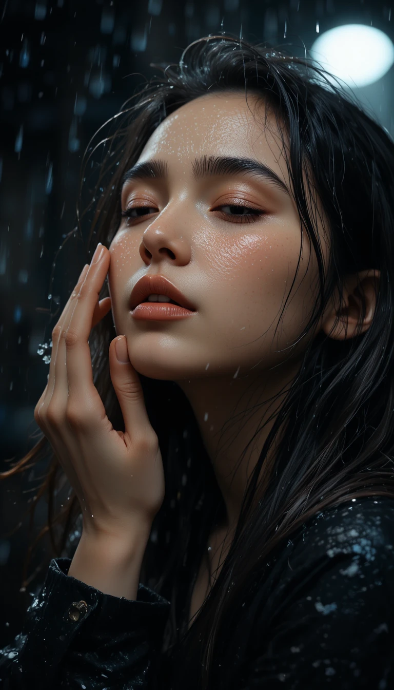 Joven mujer empapada bajo la lluvia nocturna con los ojos cerrados