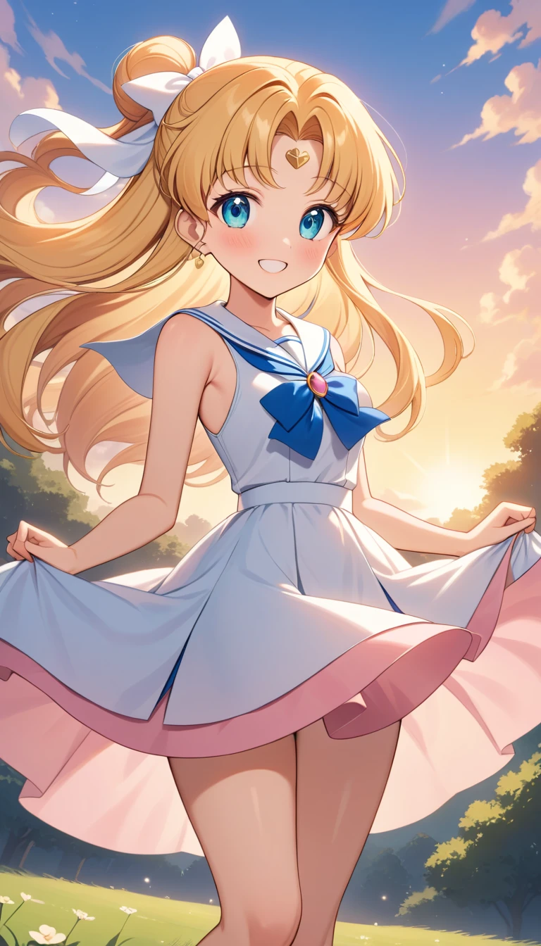 Joyful blonde anime girl at sunset outdoors