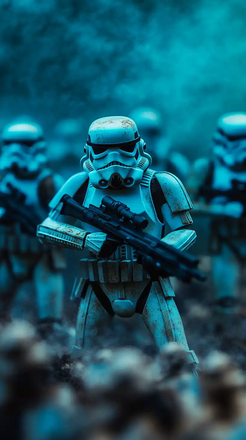 Armored sci fi soldiers in blue standing in heavy fog