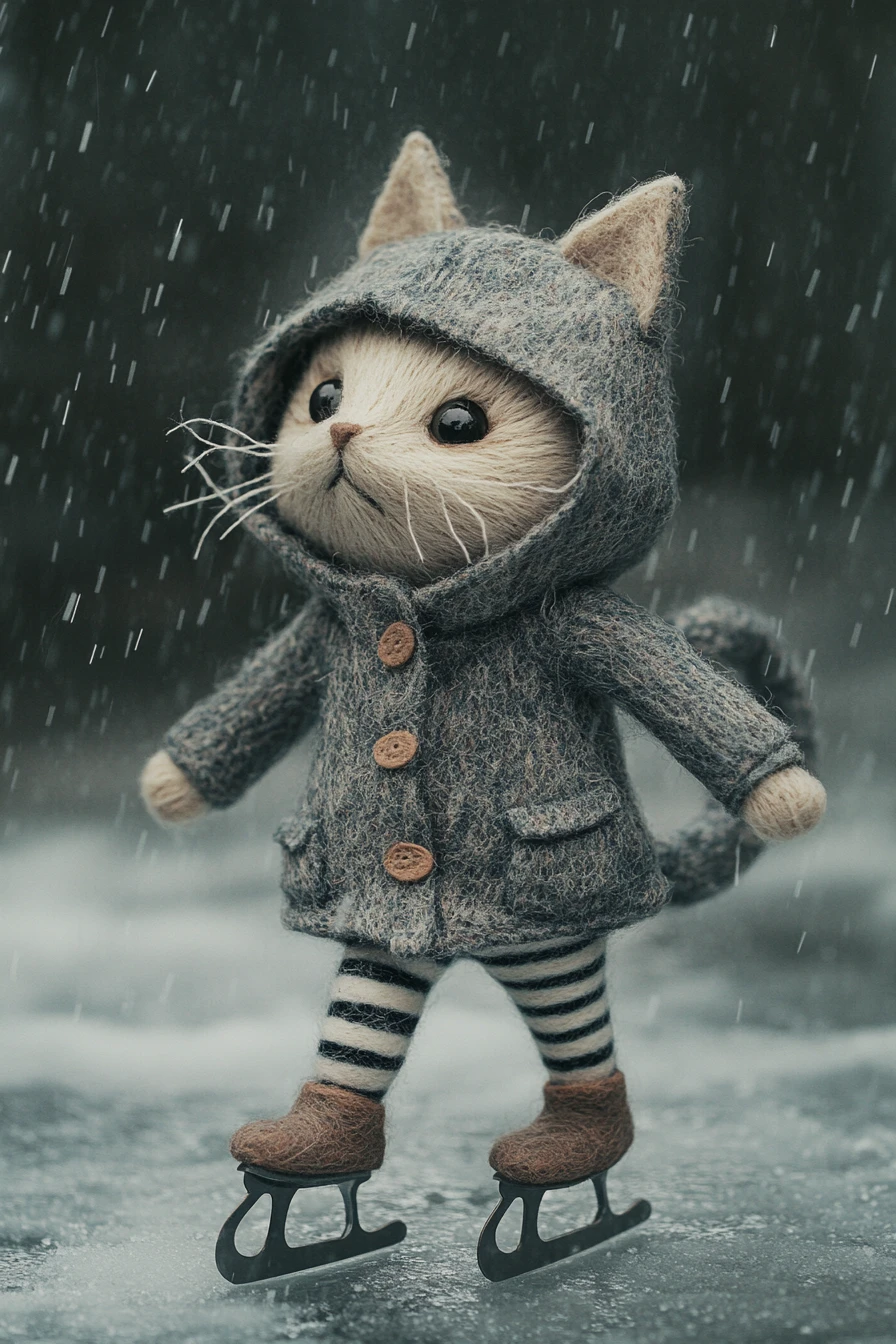 大雨中溜冰的可愛羊毛氈貓咪