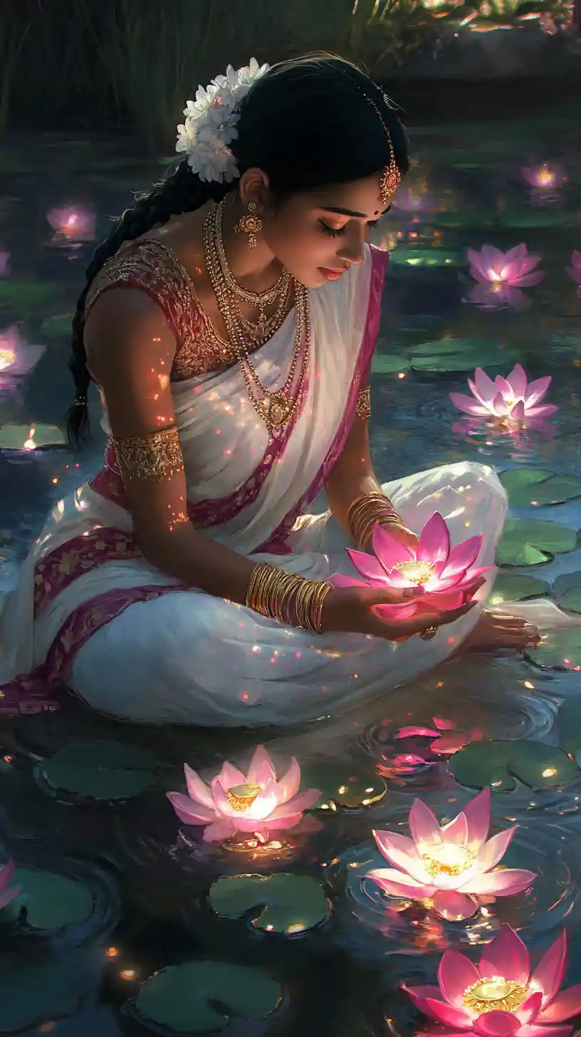 South Asian woman with glowing lotus flowers on water