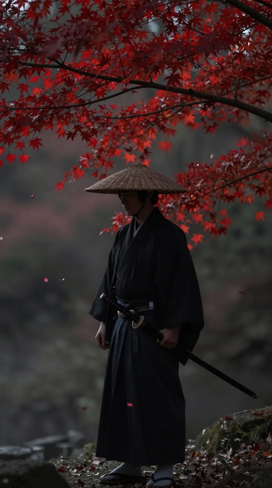 Samurai Standing Under Red Maple Leaves In Silence