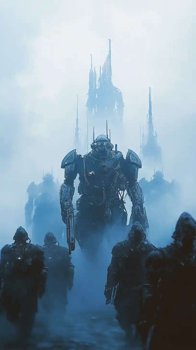 Steampunk warriors emerge from eerie mist with heavy machine guns
