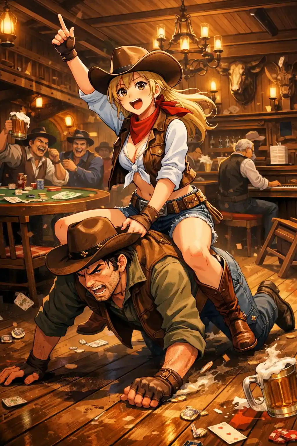 Anime cowgirl riding a cowboy in lively saloon rodeo