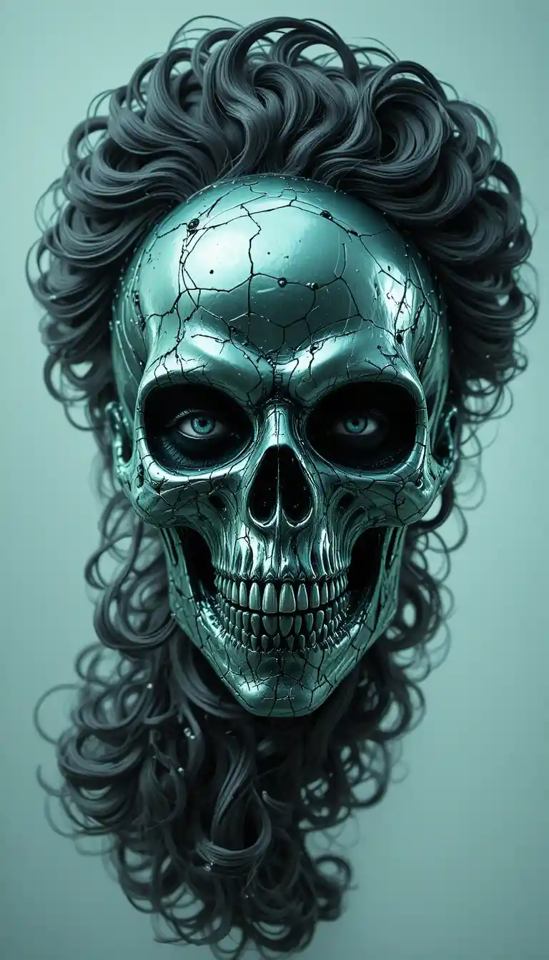 Frightening Metallic Skull Faced Woman With Charcoal Curly Hair