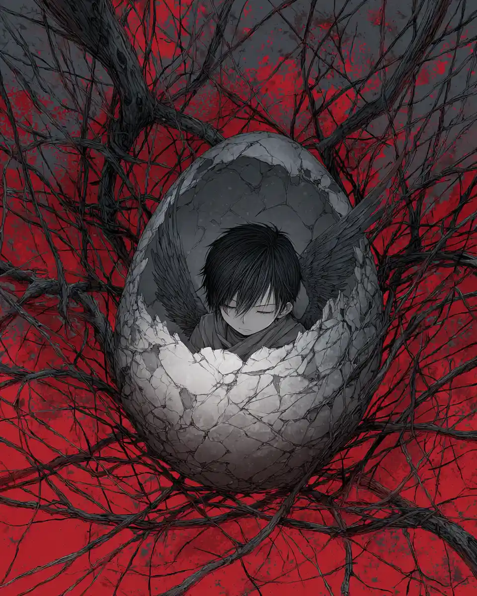 Anime boy with black wings emerging from broken egg
