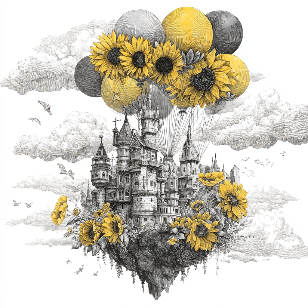 Steampunk Castle Floating Above Clouds With Surreal Balloons