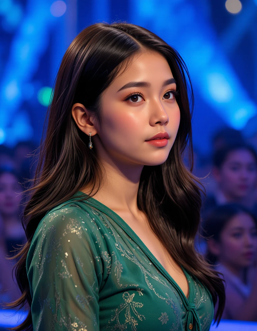 Focused young contestant on a blue television quiz show set