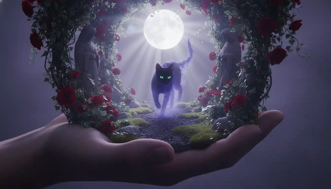 Jardín en Miniatura a la Luz de la Luna con Misterioso Espíritu de Gato Negro