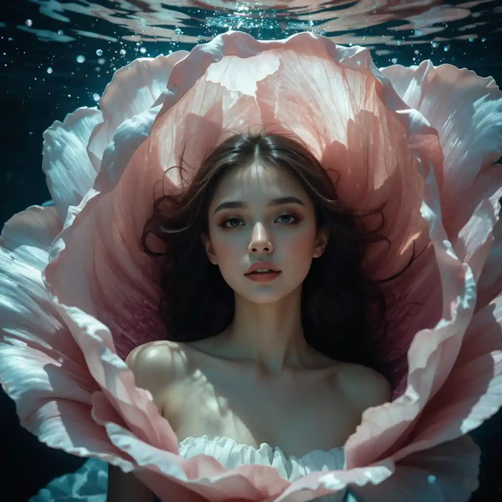 Woman resting in giant flower petal beneath shimmering water