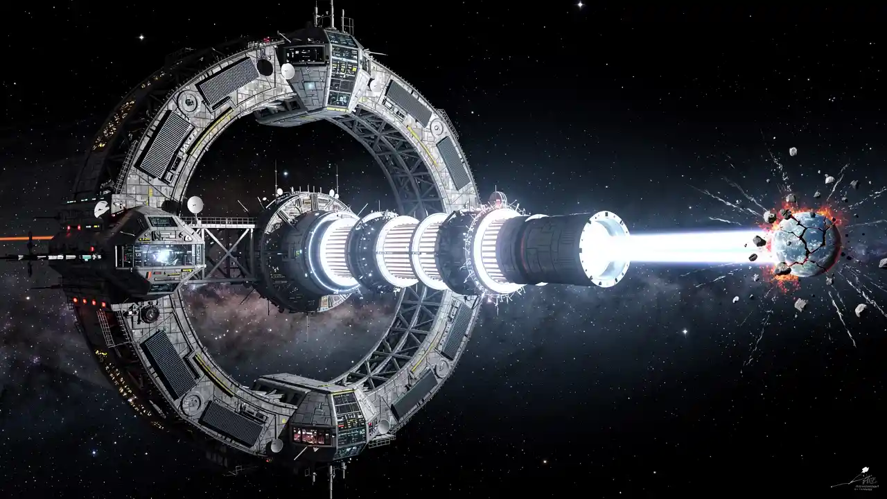 Gigantic horseshoe spaceship destroying a distant planet