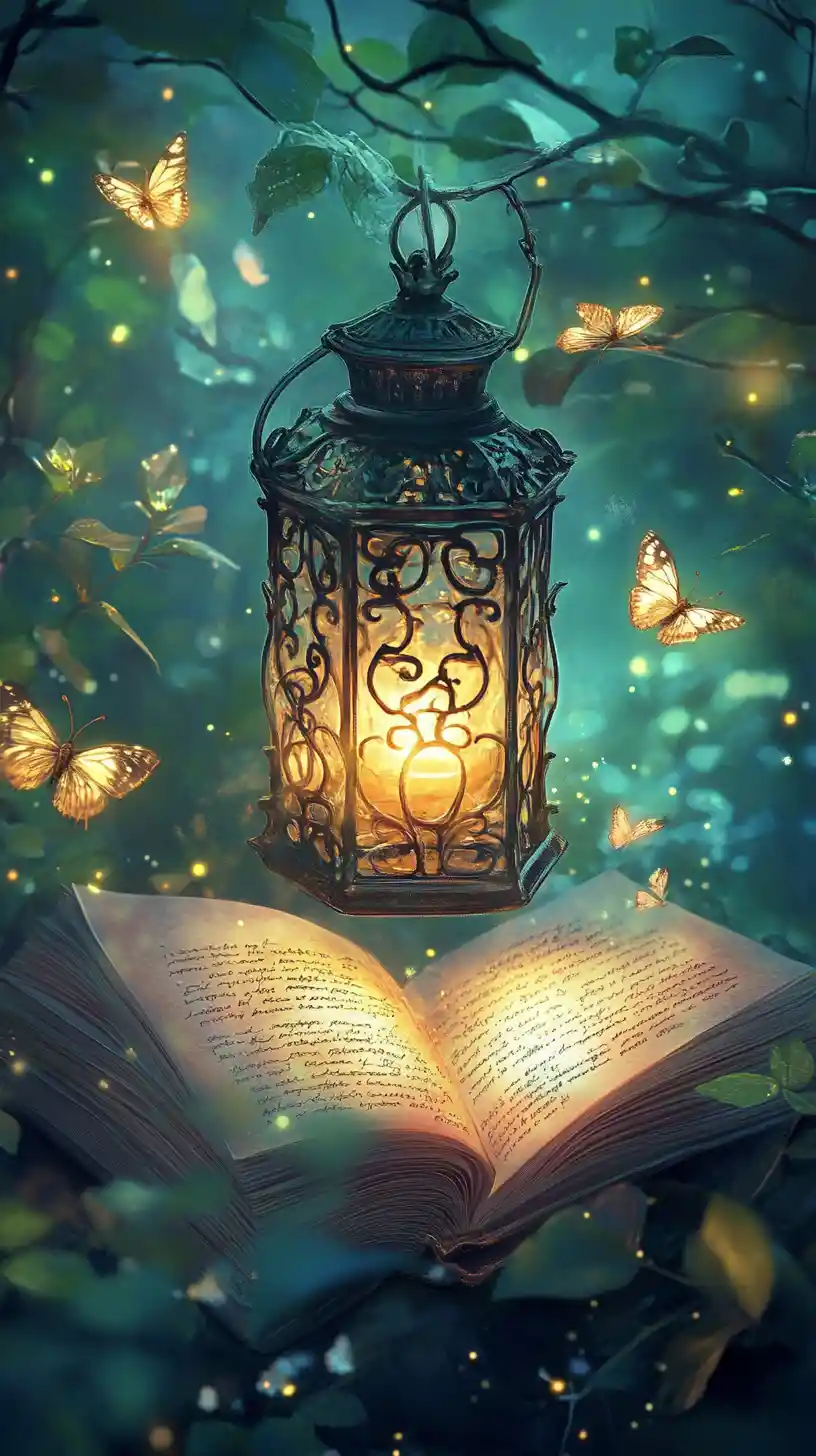 Glowing Lantern On Open Storybook In Enchanted Forest