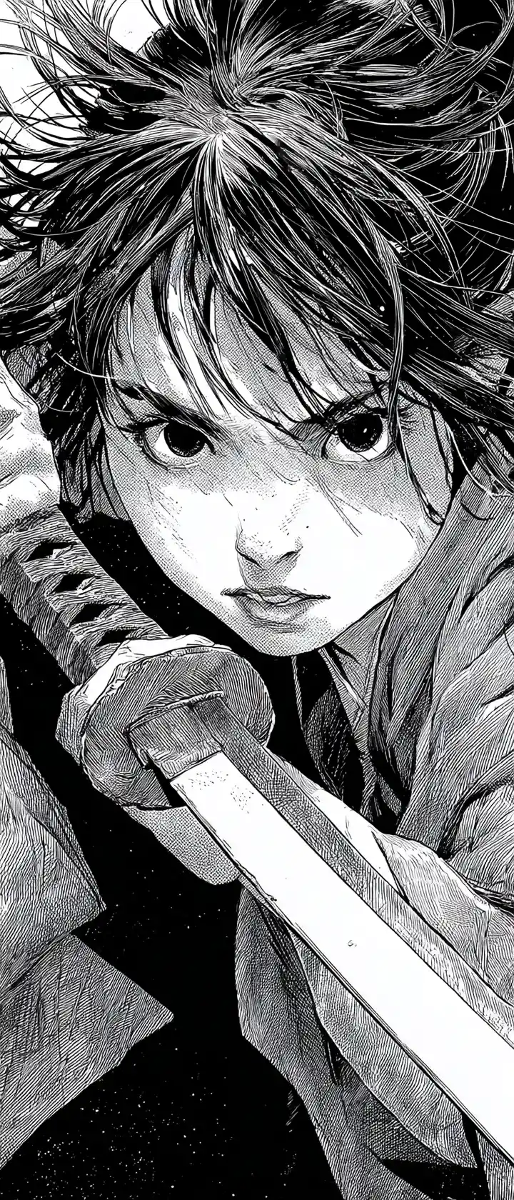Furchtlose Samurai-Kriegerin kniet mit Katana im Manga-Tintenstil