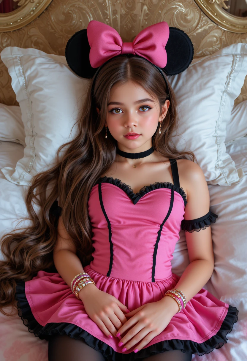 Niño preadolescente con vestido de Minnie Mouse descansando en cama con dosel de hotel