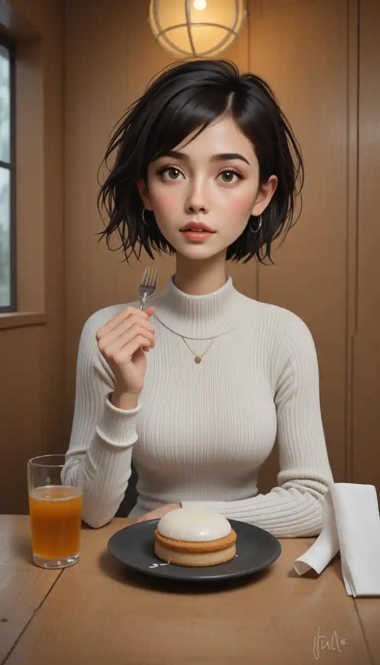 Young asian woman eating dessert in a cozy restaurant