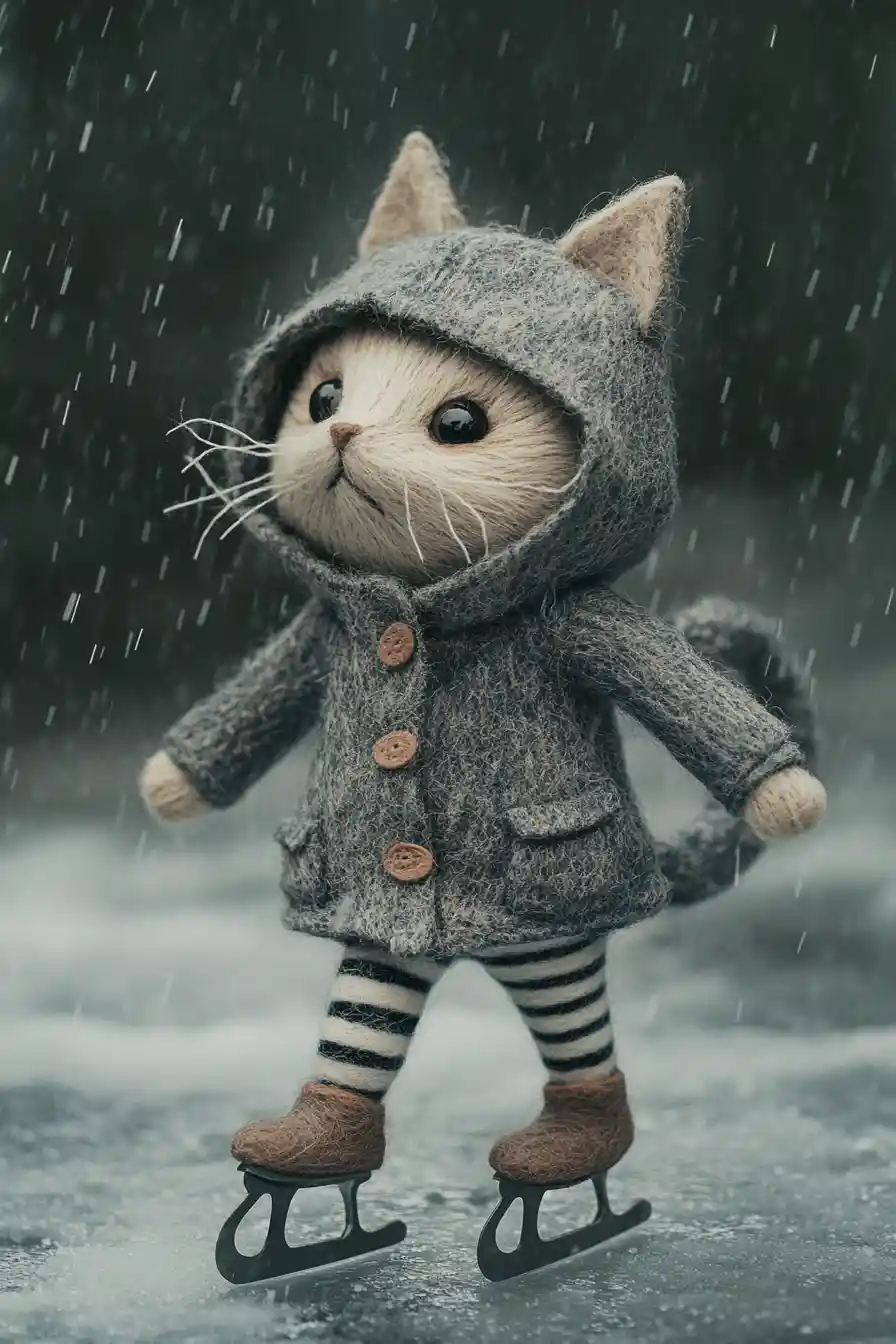 Gatinho feltrado fofo patinando no gelo debaixo de chuva forte