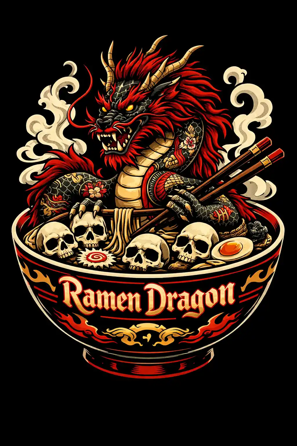 Ciotola di ramen gotica con drago e teschi galleggianti – illustrazione