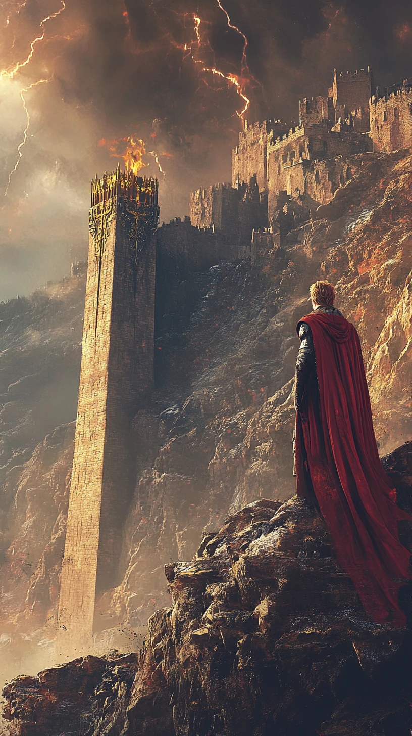 Rey en un acantilado frente a una fortaleza fantástica en plena tormenta