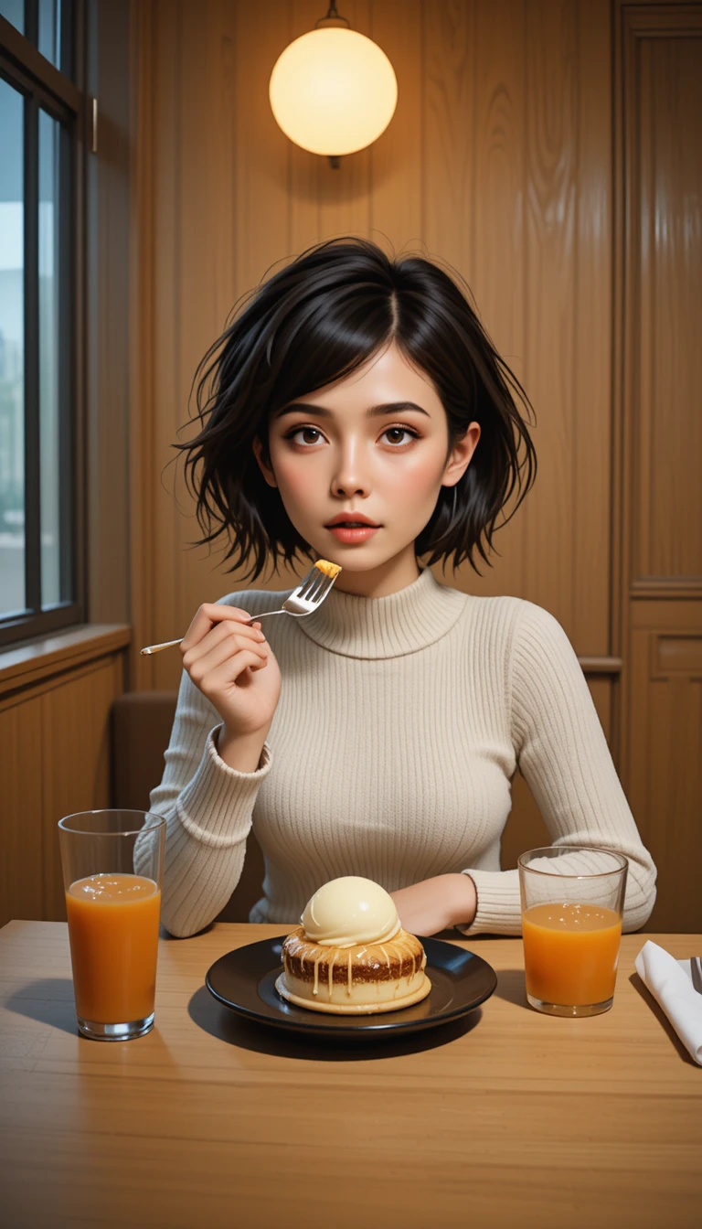 Young asian woman eating dessert in a cozy restaurant