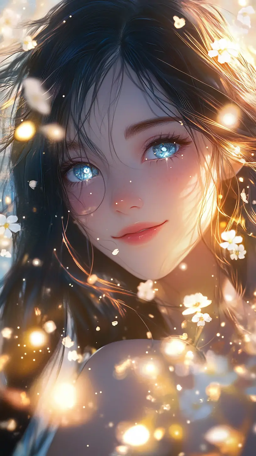 Anime girl surrounded by glowing lights and flowers