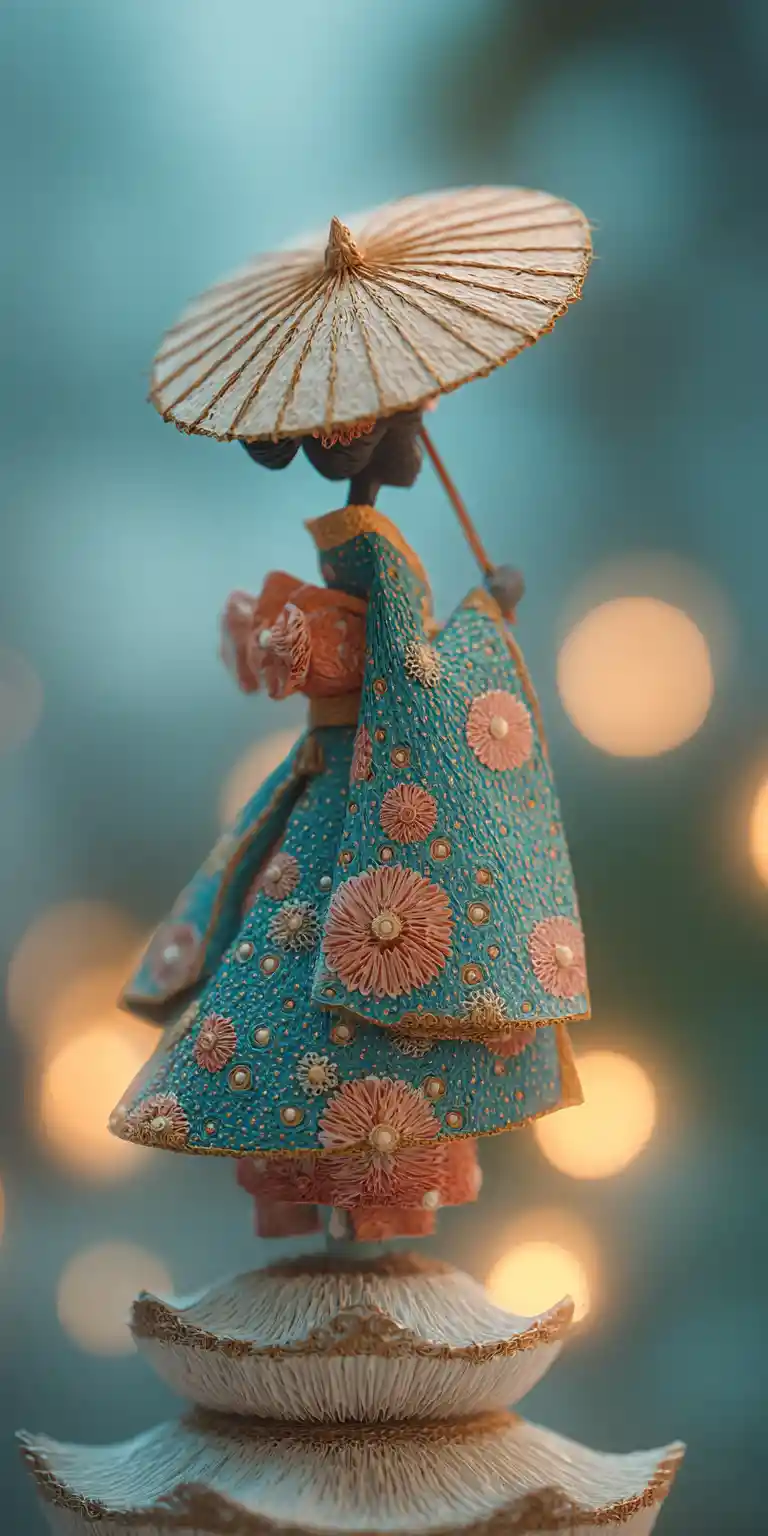 Macro view of rococo origami geisha with paper parasol