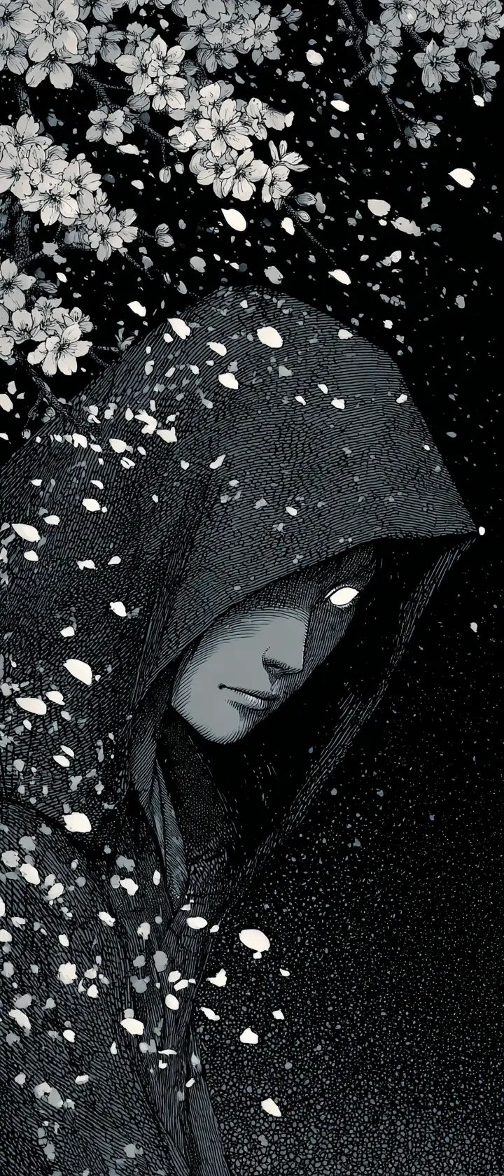 Hooded oracle with glowing eyes in falling petals