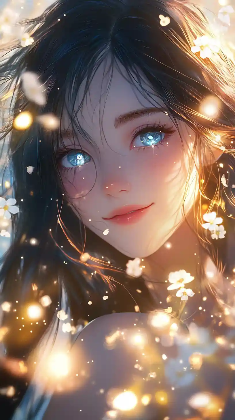 Anime girl surrounded by glowing lights and flowers
