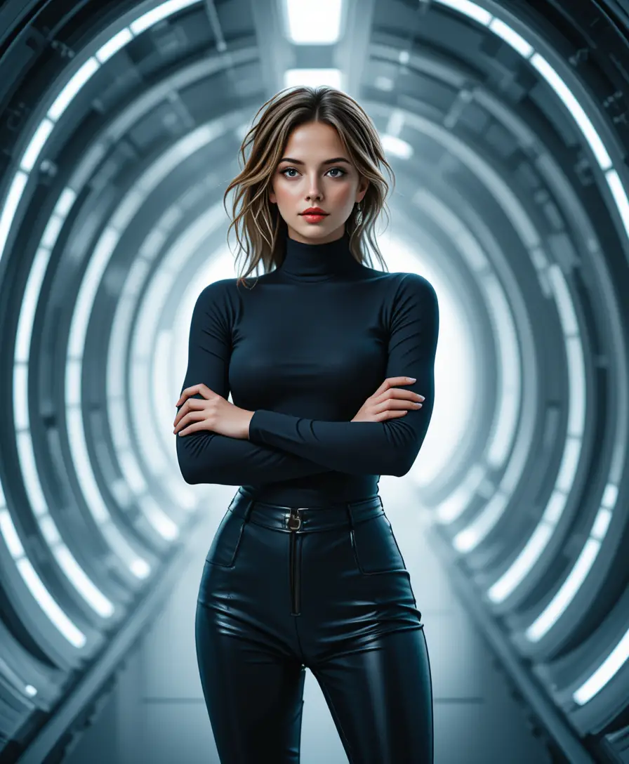Selbstbewusste futuristische Frau in einem eleganten Sci-Fi-Korridor