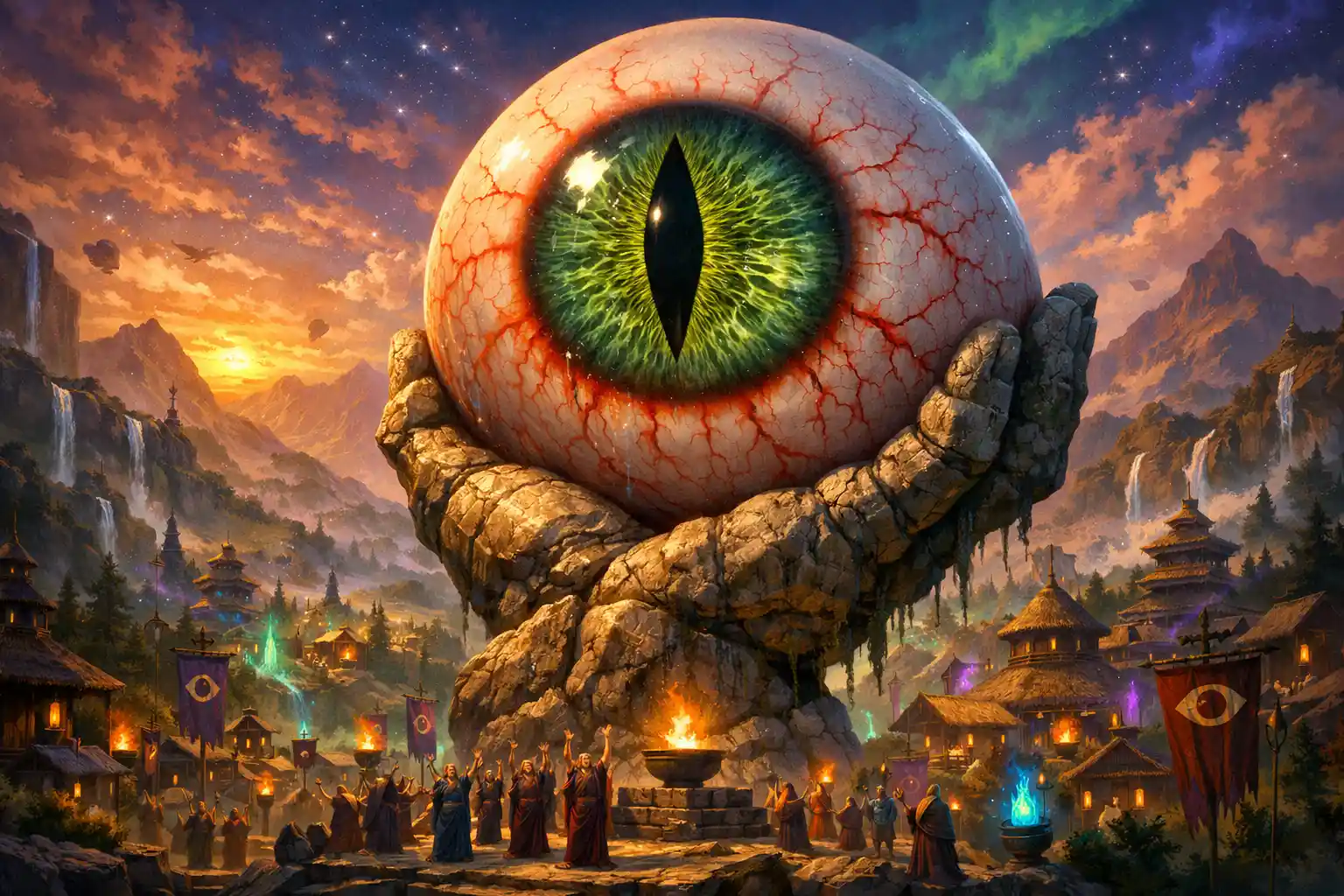 Gigantic stone hand holding a wet green slit pupil eye