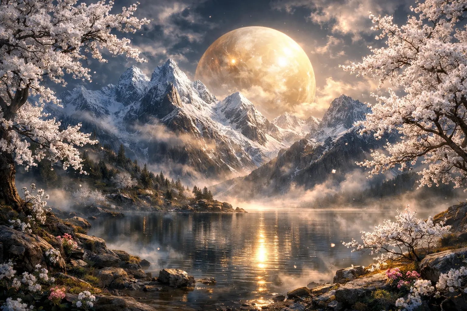 Surreal mountain lake with blooming white trees and moon