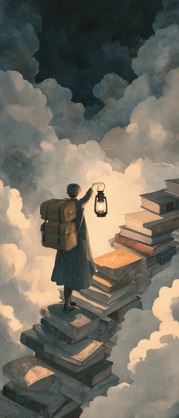 Young traveler climbing floating book staircase into stormy sky