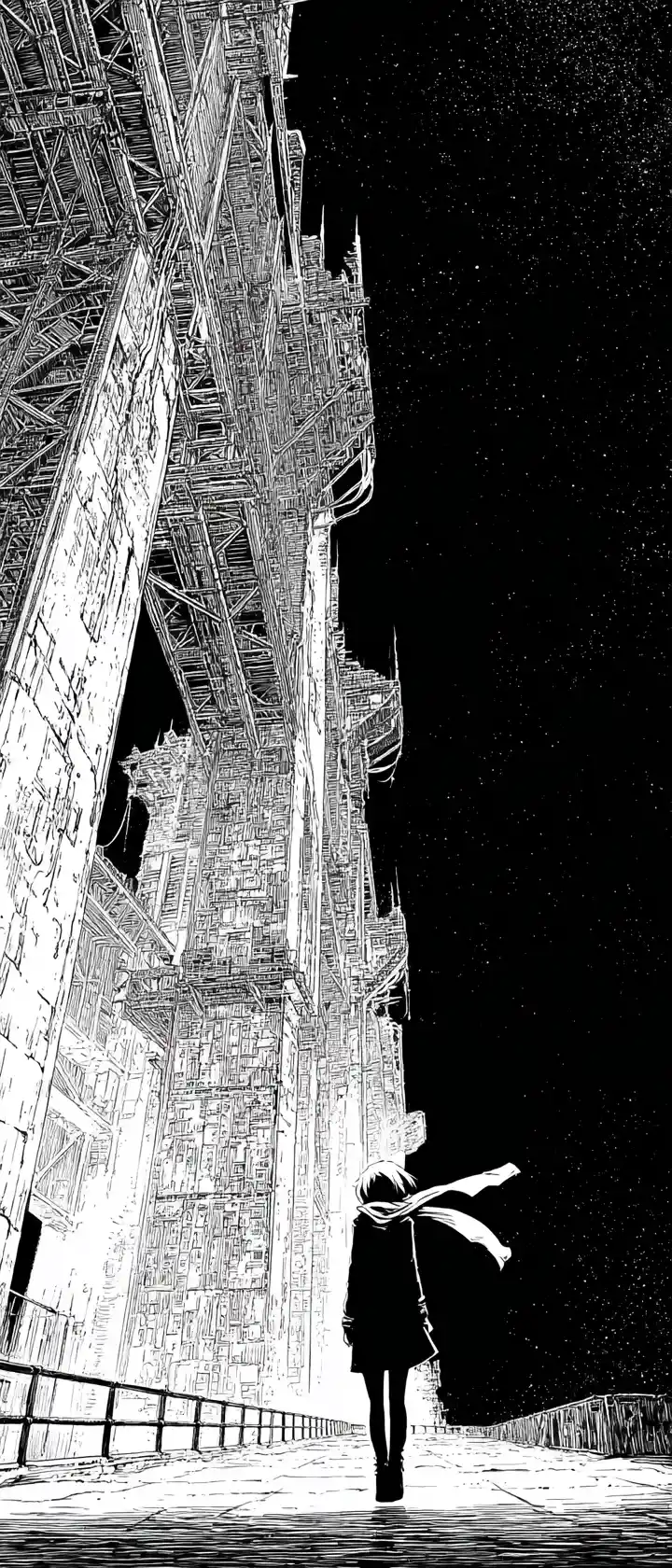 Lone wanderer beneath colossal skeletal dystopian structure