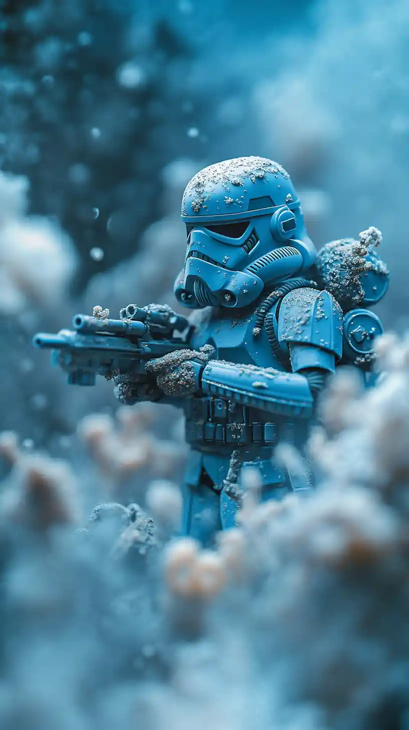 Armored stormtrooper army emerging through dense battlefield fog